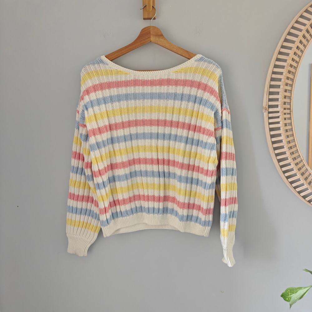 SEZANE Thomas Pastel Stripe Ecru Cotton Sweater Balloon Sleeve Scoop Back S